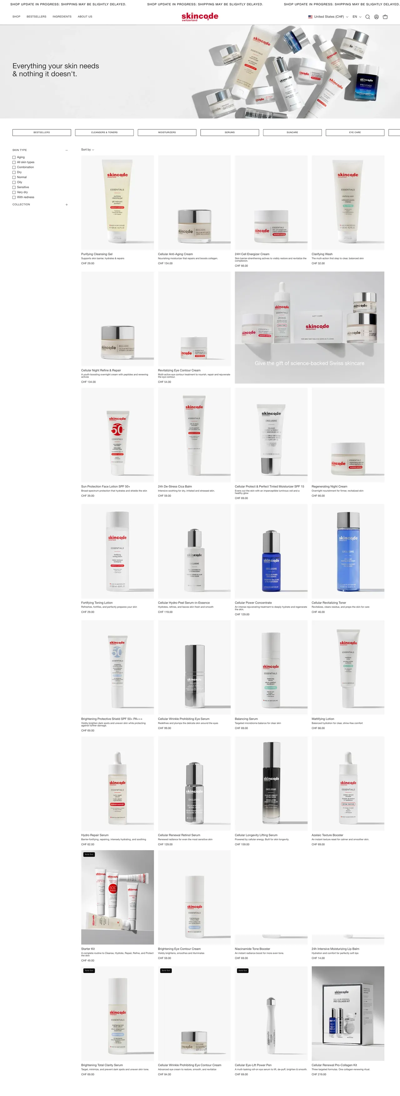 Skincode's shop page on a desktop: the category row, skin-type filters and the product grid