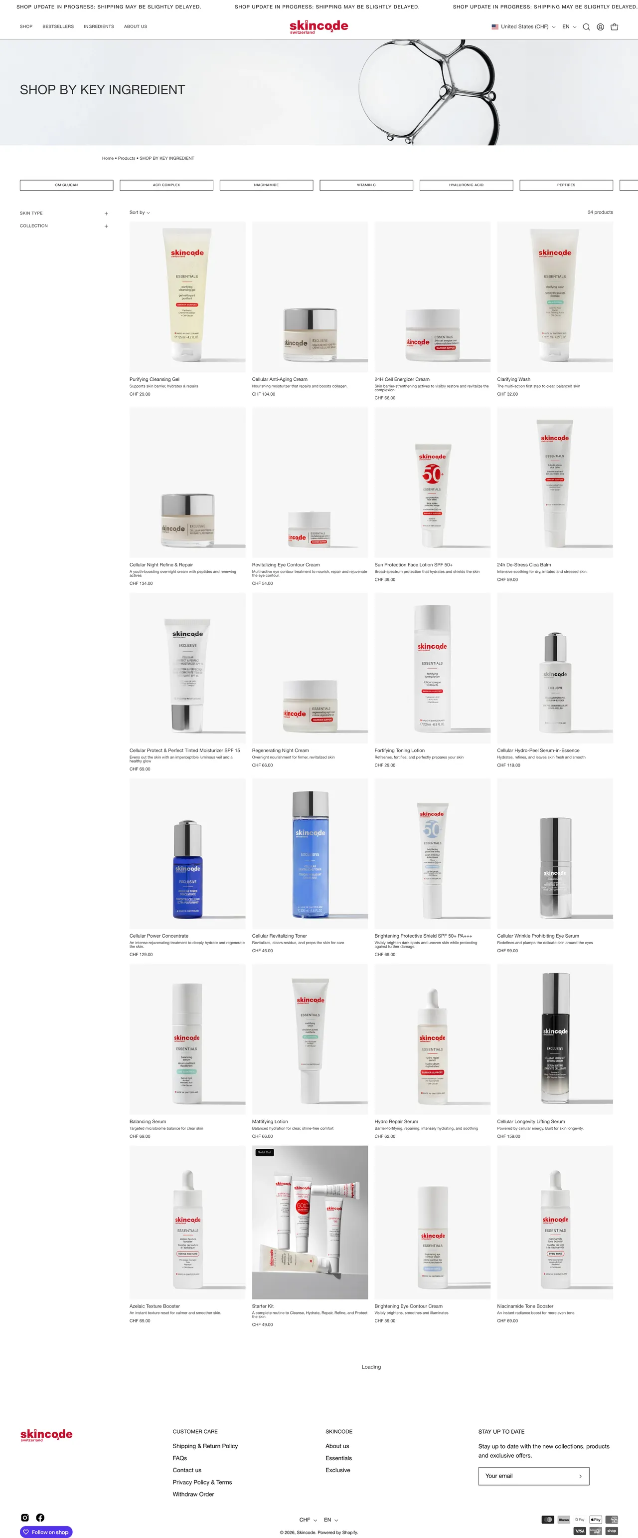 Skincode's Shop by key ingredient page: a tab for each active above the product grid