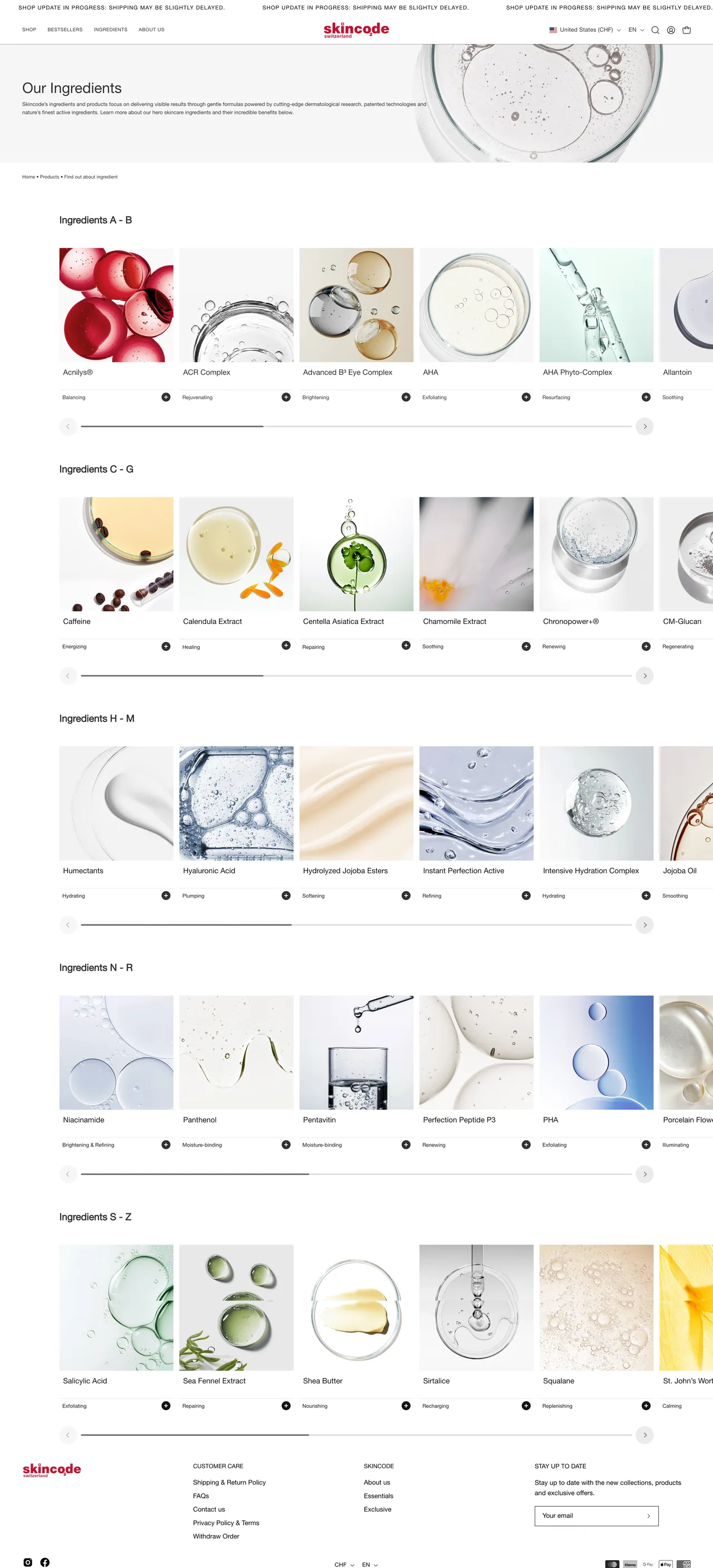 Skincode's ingredient library: ingredients A to Z in sliders, each with a photo and what it does