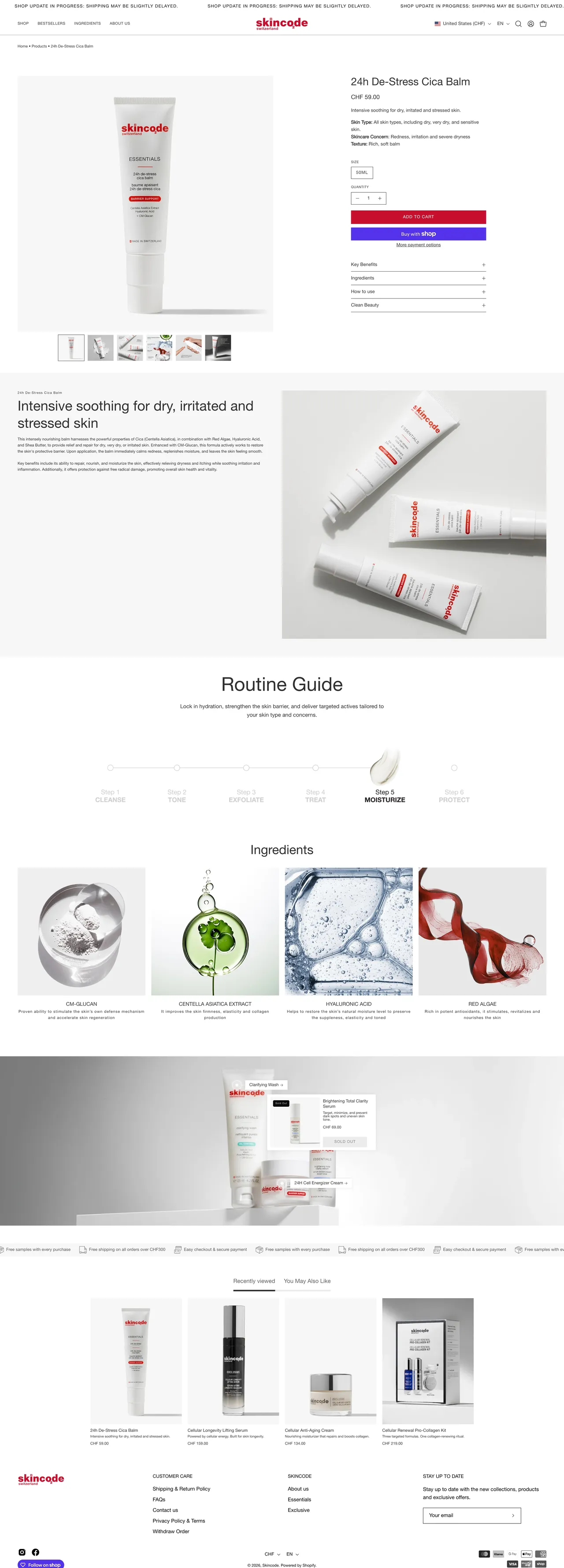 Skincode's product page on a desktop, from the top to the footer
