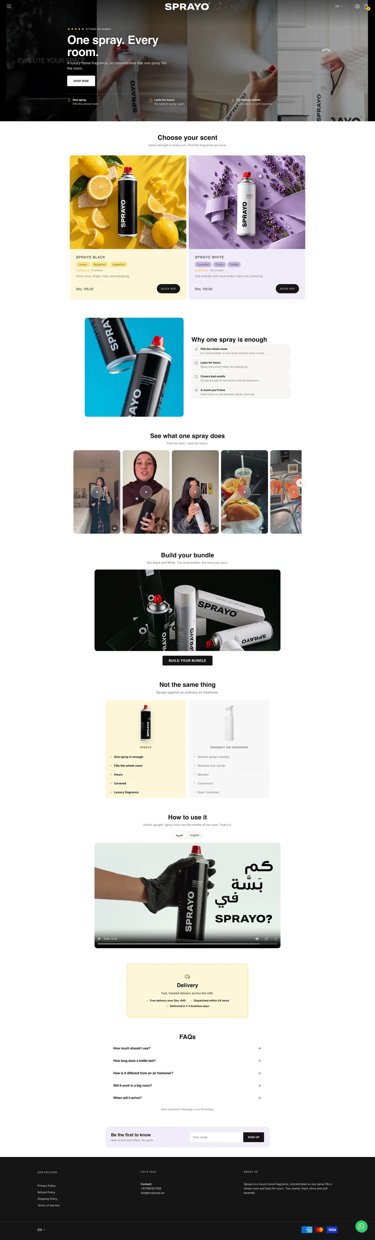 Sprayo's whole home page after, on a desktop